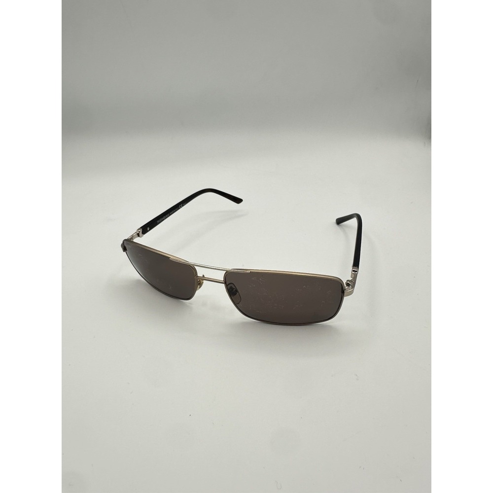 Vintage Yves Saint Laurent YSL Rectangular Sunglasses Silver Frame Brown Lenses